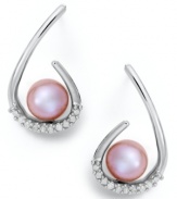 Sweeping elegance. J-shaped drops in sterling silver cradle pretty pink cultured freshwater pearls (8 mm) and sparkling, round-cut diamonds (1/6 ct. t.w.). Approximate drop: 7/8 inch.