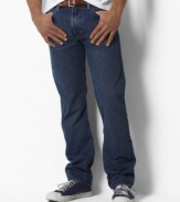 Essential classic-fitting jean with standard-rise belted waist, zip fly with signature shank, straight leg.