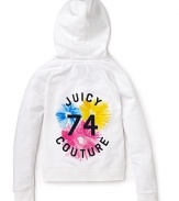 Henley meets hoodie with this ultra-soft active top from Juicy Couture. Enriched with gold metal buttons and a colorful logo design on back.