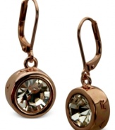 T Tahari makes its mark. Its Signature drop earrings are crafted from 14k rose gold-plated mixed metal with a bezel-set glass crystal for luster. A subtly engraved T appears on the crystal. Approximate drop: 2-1/8 inches.