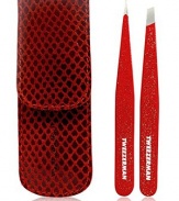 This sparkly petite tweezer set features our famous Slant and Point tweezers in a smaller size, each with our signature, perfectly aligned hand-filed tips. Tweezers are festively adorned in dazzling red glitterMatched with a fashionable leather snake skin case in festive holiday redPerfectly-sized for purse and travel and a great gift ideaImported