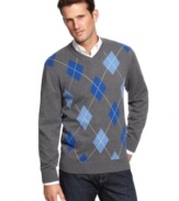 Traditional v-neck argyle sweater is handsomely conservative and a great addition to every man's wardrobe.