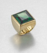 From the Cocktail Collection. Emerald in cut and emerald in color, this square of beveled glass sits within a simple golden setting atop a wide smooth band.GlassGoldtoneAbout .75 squareImported