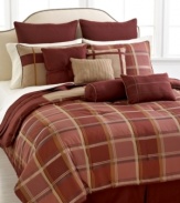 Rustic yet chic, this reversible Chester comforter set boasts a clean-cut plaid pattern in a lovely, warm color scheme. The set is accented by a plethora of decorative pillows and shams for added dimension.