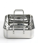 Martha Stewart's polished stainless steel roaster circulates heat evenly and keeps your dish tender to the touch with a removable rack that allows succulent juices and drips to collect for optimal basting and glazing. Lifetime warranty.