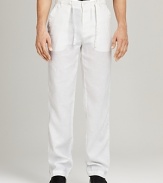 Pair with a tee during the day and add a jacket for dinner. Relaxed fit linen pant has drawstring waist, two front pockets and two back pockets with buttons. Zip fly with button closure.