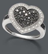 When adorable design and sparkle combine. This chic heart ring features a center heart decorated with round-cut black diamonds (3/8 ct. t.w.) and surrounded by round-cut white diamond edges (1/8 ct. t.w.). Crafted in sterling silver. Size 7.