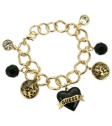 For the wild at heart, this charm bracelet from GUESS is crafted from gold-tone mixed metal with jet and glass crystal accents bringing a stylish edge. Leopard print enhances the animal attraction. Item comes packaged in a signature GUESS Gift Box.  Approximate length: 7-1/2 inches. Approximate drop: 1 inch. Approximate diameter: 1-1/2 inches.