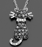 Purr-fectly marvelous! This cat pendant is sparkling with feline splendor. Features round-cut black diamonds (1/3 ct. t.w.) and white diamond accents. Chain and setting crafted in 14k white gold. Approximate length: 16 inches. Approximate drop: 3/4 inch.