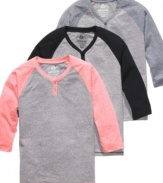 Hit a style home run with these raglan-styled y-neck shirts from American Rag.