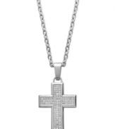 A true expression of faith. This symbolic men's style adds a little shine with the addition of round-cut diamonds (1/3 ct. t.w.) and a trendy, stainless steel setting. Approximate length: 22 inches. Approximate drop: 1-1/4 inches.