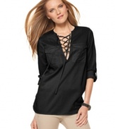 Lace-up details add eye-catching appeal to this utility-style MICHAEL Michael Kors top -- perfect for a casual spring look!