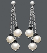 The perfect mix of contrasting colors. Fresh by Honora earrings feature three, elegant, cultured freshwater pearl drops (6-1/2-7 mm) accented by onyx beads (3-1/2 mm) strung from delicate chains. Set in sterling silver. Approximate drop: 1-1/2 inches.