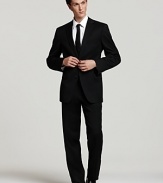 BOSS Black Pasolini Movie Suit. Two-button jacket with side vents. Four inner welt pockets, plus front flap and chest pockets. Boss Hugo Boss label sewn inside. Fully lined, with sleeve lining in rayon. Trousers are flat front, lined to knee with unfinished hem.