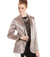 Go from day to night in Bar III Front Row's satin tuxedo-style jacket. It looks super-chic with the season's lace trend.