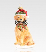 The perfect gift for that passionate golden retriever lover on your list, this pup is dressed for the holidays and brings his own Courtly Check bone to the party, in mouth-blown, hand-painted glass.Glass4.75H X 2.5W X 2.5DImported Please note: Due to their handmade nature, ornaments may vary slightly. 