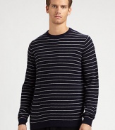 Thin horizontal stripes add a cool touch to this easy crewneck sweater in soft merino wool.Ribbed crewneckLong sleeves with ribbed cuffsRibbed hem50% merino wool/50% acrylicDry cleanImported