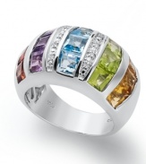 Radiating color. Citrine (9/10 ct. t.w.), blue topaz (1-1/3 ct. t.w.), peridot (1-9/10 ct. t.w.), amethyst (9/10 ct. t.w.), garnet (1-1/3 ct. t.w.) and diamond accents create a dazzling effect on this elegant ring when set in smooth sterling silver. Size 7.