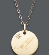 The perfect personalized present! Michelle or Meredith will be thrilled to open this thoughtful initial letter pendant. Crafted in 14k gold with a sparkling diamond accent. Approximate length: 16 inches + 2-inch extender. Approximate drop: 3/4 inch.