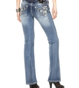 Rhinestones and Fleur de Lys embroidery add glam to these Miss Me bootcut jeans -- perfect for a hot spring look!