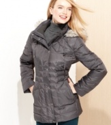 A puffer that shapes your silhouette? Clever channel quilting creates a flattering look on London Fog's parka. Faux fur trim adds a luxe touch.