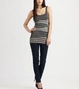 Striped stretch jersey wraps around the bodice in this sleek body-con tank.ScoopneckSleevelessPullover styleAbout 27 from shoulder to hem89% rayon/8% lurex/3% spandexDry cleanMade in USAModel shown is 5'9 (175cm) wearing US size Small.