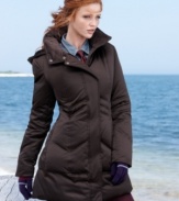 Cute zigzag quilting updates a puffer coat from DKNY. A cozy hood provides extra protection from the elements.