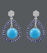 Sumptuous sparkle. Carlo Viani's vivacious drop earrings shine with the addition of round-cut turquoise (14-1/2 mm), round-cut tanzanite (1-1/5 ct. t.w.) and white sapphire-encrusted posts (1/2 ct. t.w.). Crafted in 14k white gold. Approximate drop: 1-1/10 inches.