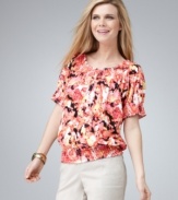 A vibrant print updates a pretty peasant top from Style&co.  Wear it with jeans, shorts or capris for a fun anytime look!