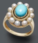 The perfect look for summer -- spruce up your style with this elegant ring in eye-popping color. Highlights an oval-cut turquoise stone (1-1/5 mm) surrounded by elegant cultured freshwater pearls (3-3-1/2 mm) cradled in intricate, rope-edged 14k gold.