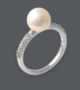 Timeless style in sweet, polished pearl. This elegant design by Effy Collection highlights a cultured freshwater pearl (9-1/2 mm) in a simple band decorated with sparkling round-cut diamond (1/5 ct. t.w.). Set in 14k white gold.