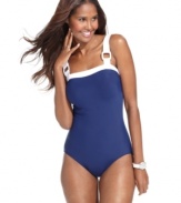 Only at Macy's, square hardware buckles add a splash of style to this Magicsuit one-piece swimsuit -- tummy control ensures a sleek seaside look!