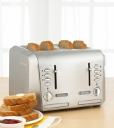 Able to keep pace with even the most voracious appetites, this sleek, modern toaster features dual controls for custom toasting. Shining in brilliant stainless steel with die-cast knobs, buttons and levers, you'll enjoy the convenience of four extra-wide and long slots that self-adjust to grip and center bread, bagel and more for precise toasting to your exact specifications. One-year limited warranty.