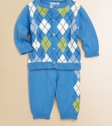 This charming cardigan and pant set is crafted in ultra-soft cotton with a classic argyle print for handsome style. Sweater CrewneckLong sleevesButton-front Pants Elastic waistCottonMachine washImported Please note: Number of buttons may vary depending on size ordered. 