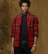 A classic masculine plaid lays the foundation for a shawl-collar cardigan in a hardy wool, designed for superior warmth and a rustic heritage look.