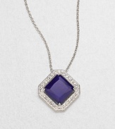 A deep sapphire-colored faceted square of cubic zirconia is framed by shimmering pavé crystals in this lovely design on a silvery chain.Crystal and cubic zirconiaRhodium platingChain length, about 16Pendant, about ½ squareLobster claspImported