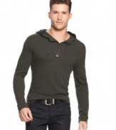 A hoodie lighter than most long-sleeve tees: Armani Jeans hooded T-shirt with four-button placket in a skin-friendly viscose/cotton blend.