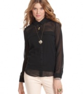 Score a totally polished look in this sheer, swiss-dot-print button-down top from American Rag!