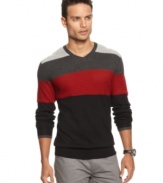 Stripe it up. This long sleeve V-neck sweater from INC International Concepts features a colorblocked pattern that pairs well with casual and business casual attire.