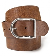 Distressed leather belt with brushed buckle. Keeper within buckle. Logo embossed.