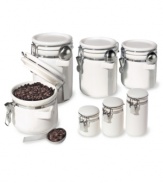 Storage center! Food comes & go but these canisters stay front & center on your counter with fresh-keeping clamp lids and handy stainless steel scoops for easy-access to ingredients, spices & more. Revolutionize the way you keep tabs on everything from tea & coffee to sugar & beyond!