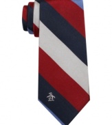 Bold bar stripes make an instant statement. Clock in to cool with this skinny tie from Penguin.