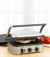 A versatile cooking aid that lets you grill to goodness and press to impress. In brushed stainless steel with embossed logo, the Cuisinart griddler features removable nonstick contact grill, open grill and griddle plates, along with a panini press, all designed to drain grease for healthy cooking. Limited three-year warranty. Model GR4.