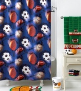 Take a time out for bath time with the Play Ball shower curtain featuring an energetic design of basketballs, soccer balls, footballs and baseballs. The top features buttonhole openings and an orange dyed stripe. Go team!