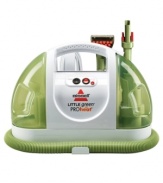 Spots and stains? Simple! Ground-in dirt? No problem! The Bissell Little Green ProHeat carpet cleaner is a compact, multi-purpose wet vacuum that delivers thorough deep cleaning with powerful spray and suction that clean and dry all in one step. One-year limited warranty. Model 14259.