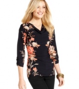 Elementz's petite top features a sophisticated floral print and a flattered ruched silhouette.