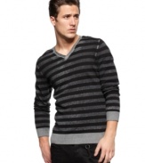 Your casual look gets a simple upgrade with this striped v-neck sweater from INC International Concepts.