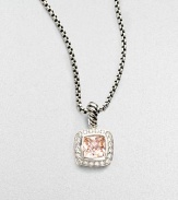 From the Petite Albion Collection. A sparkling, faceted morganite cushion-cut square, surrounded by pavé diamonds on a chain of sterling silver.Diamonds, 0.20 tcw Morganite Sterling silver Chain length, about 17 Pendant width, about ¼ Lobster clasp Imported