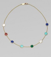 From the Polished Rock Candy Collection. Hexagonal discs in five richly colored semiprecious stones are framed in gold and spaced along a delicate gold chain.Mother-of-pearl, lapis, gold green agate, dyed red agate and turquoise18k yellow goldLength, about 18Lobster claspImported