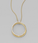 From the Crossover Collection. 18k yellow and white gold circle pendant with pavé diamonds and box chain necklace. Diamond accents, 0.39 tcw Lobster claw clasp 17 long Imported